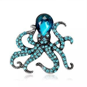 Stunning Blue Crystal Octopus Nautical Brooch